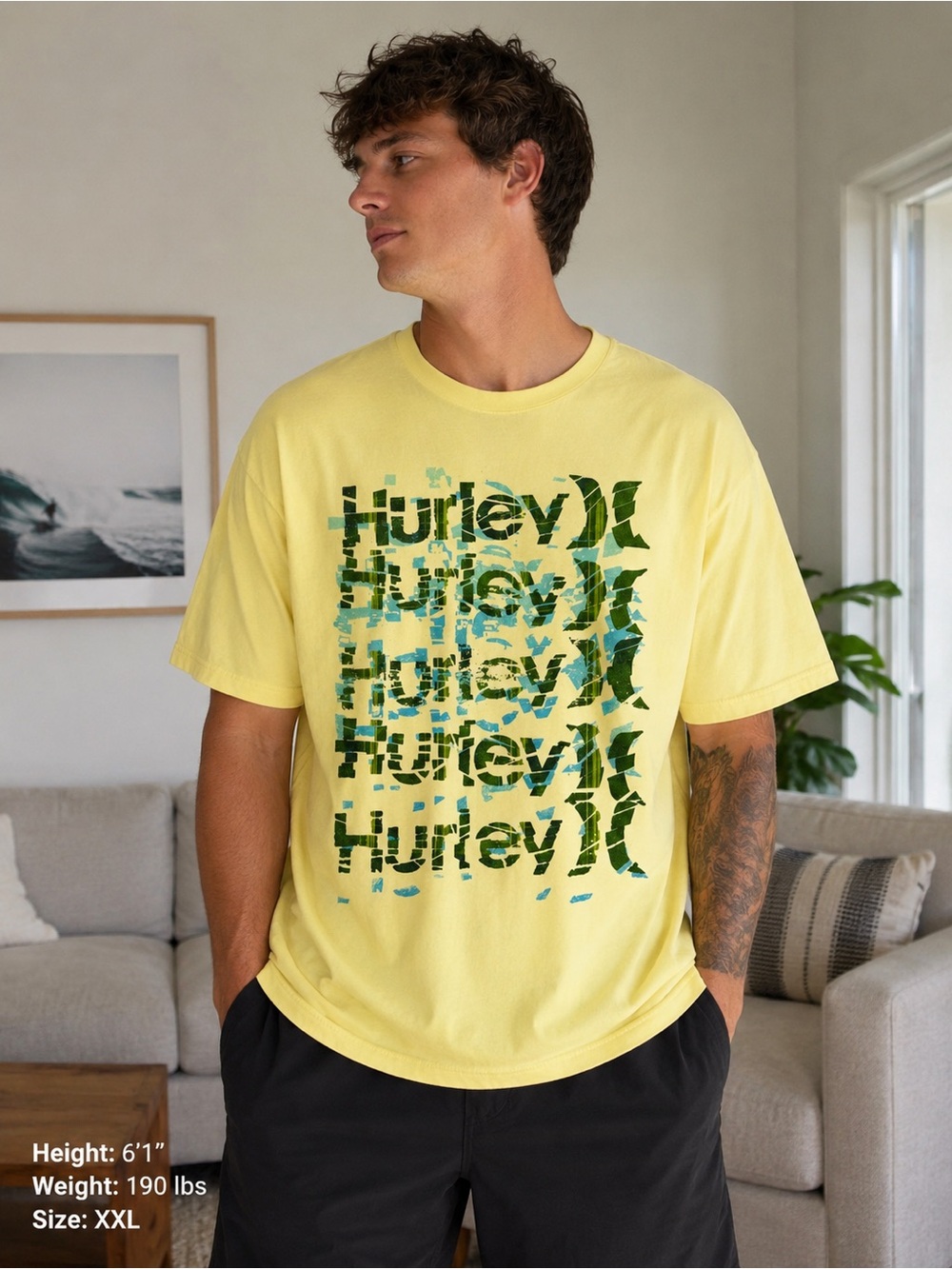 Hurley Yellow Short-Sleeve Logo Tee with Green Graphic